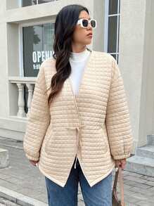 SHEIN Frenchy Abrigo acolchado holgado en tono beige de talla grande, con cierre ajustable con cordón, forro térmico, para invierno - Albaricoque - Ver 6