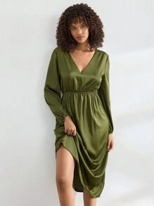 Ocili Leisure Silky Soft Satin Spaghetti Strap Long Sleeve Maxi Nightgown - Green - View 1