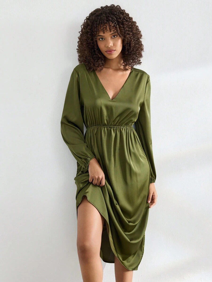 Ocili Leisure Silky Soft Satin Spaghetti Strap Long Sleeve Maxi Nightgown - Green - View 1