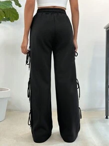 EURMUSE WIDE LEG LACK SWEATPANT WIT RIBBON DETAIL - Black - View 2