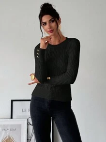 Firerie Áo len dệt kim cổ tròn màu trắng đơn giản thanh lịch phong cách thường ngày đa năng cho nữ, áo dài tay - màu đen - Xem 4