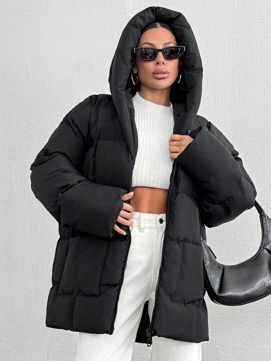 EURMUSE Shawl Collar Long Puffer Winter Coat Jacket - Black - View 1