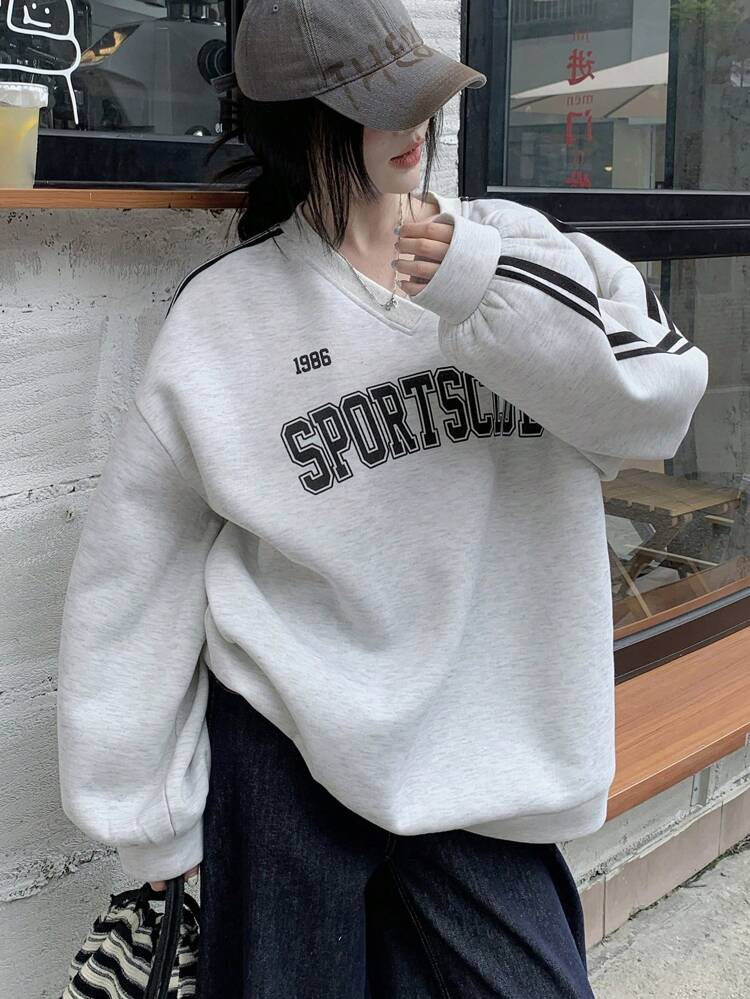 Women's Thermal Lined V-Neck Letter Print Slouchy Sweatshirt Fall,Winter