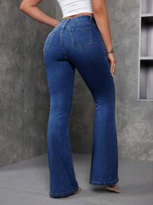 SHEIN ICON Jeans acampanados de mezclilla lavada para mujer de moda - Azul lavado oscuro - Ver 2