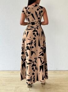 BamGleam 不对称几何印花镂空肩部短袖腰部系带不对称高开叉长款女式衬衫单肩上衣 - 彩色 - 查看 2