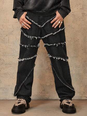 Grunge Punk Jeans casual coupe droite ample avec poches effilochées pour hommes