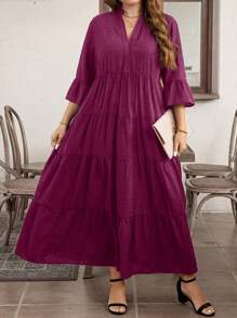 SHEIN LUNE Vestido casual de línea A hasta los tobillos de tejido con escote entallado para tallas grandes para el verano - Rojo violeta - Ver 5