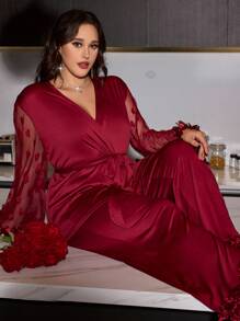 SilkySpell Conjunto de pijama de top de malla con contraste y flores 3D en forma de corazón y pantalones para mujer talla grande, ropa de otoño e invierno - Burdeos - Ver 5