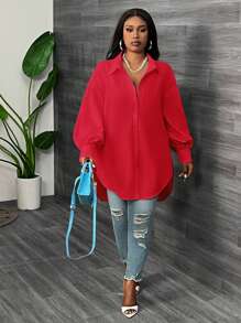 Slaydiva 宽松纯色白色灯笼袖女式长衬衫，弧形下摆，适合办公室、休闲、派对和日常穿着，加大码，春秋季 - 紅色 - 查看 3