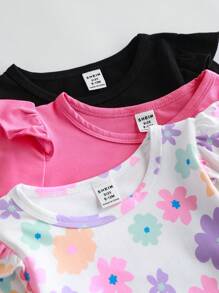 SHEIN 3pcs/Set Baby Girls Casual Cute Floral Print Long Sleeve Tops, Soft Knitted Fabric, Suitable For Outdoor & Leisure Wear, Autumn & Winter - Multicolor - View 3