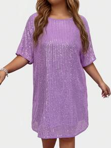SHEIN LUNE Vestido de manga corta con cuello redondo y lentejuelas para mujer de talla grande, ropa para fiestas de vacaciones