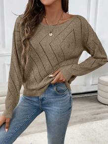 SHEIN LUNE 女士休闲镂空舒适纯色圆领长袖毛衣 - 咖啡棕 - 查看 1