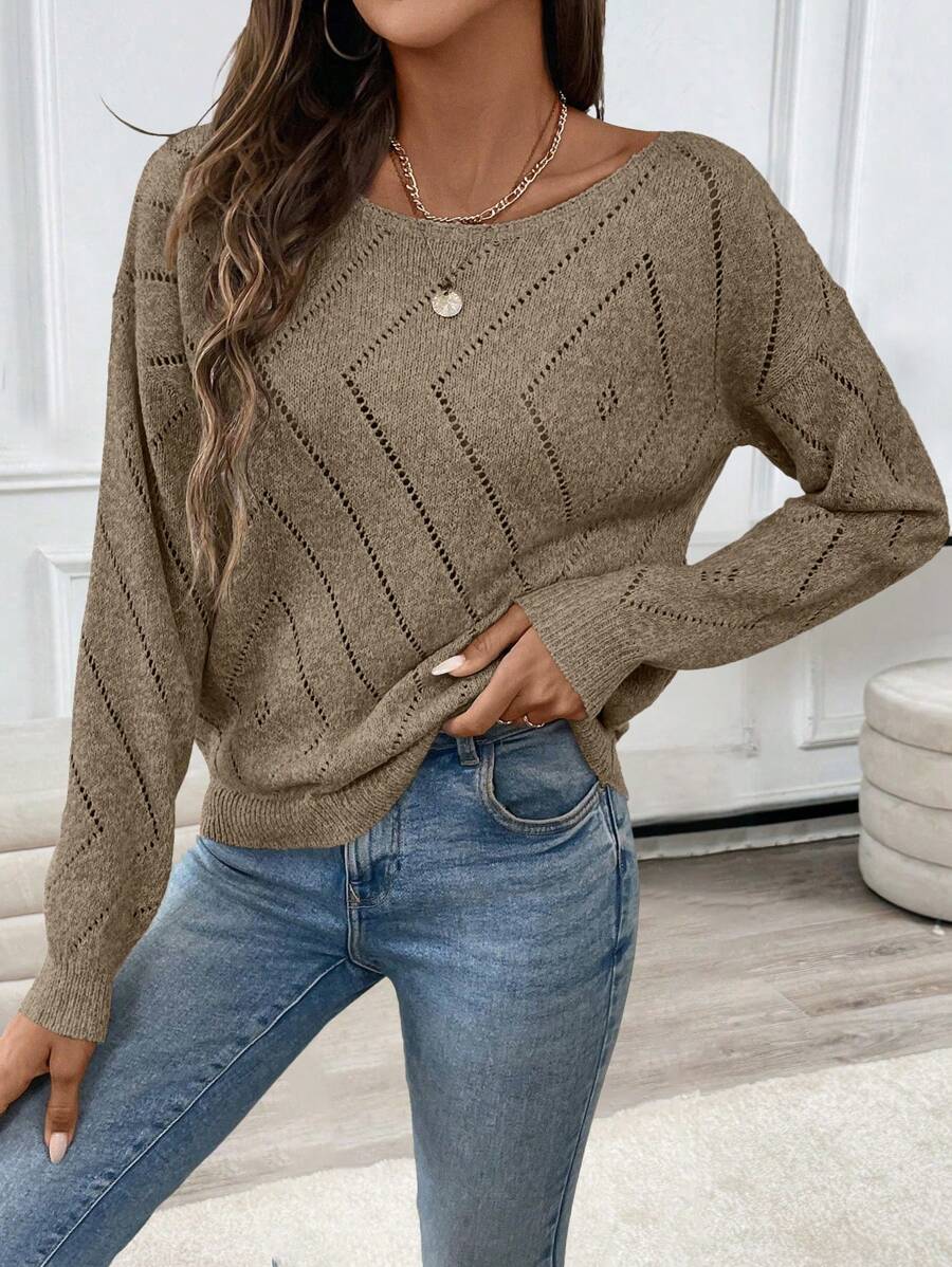 SHEIN LUNE 女士休闲镂空舒适纯色圆领长袖毛衣 - 咖啡棕 - 查看 1