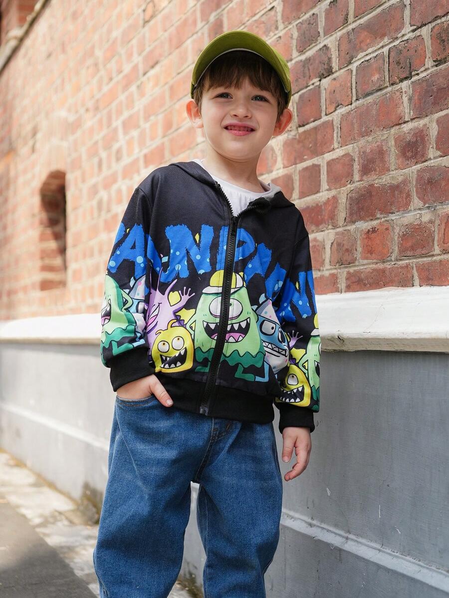 SHEIN 1 件装年轻男孩休闲简约可爱怪物与字母图案连帽夹克，适合秋冬季日常、上学、外出