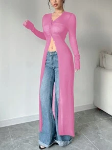 Chiquease Cardigan long en dentelle transparente, tricot mode polyvalent