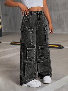 SHEIN Tween Girls' Y2K Fashion Stonewashed Multi-Pocket Distressed Cargo Jeans Baggy Wide Leg Pants, Tween Girl Fall Clothes Back To School Outfits