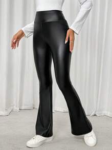 SHEIN LUNE Women's PU Leather Flared Pants For Halloween, Autumn - Black - View 3