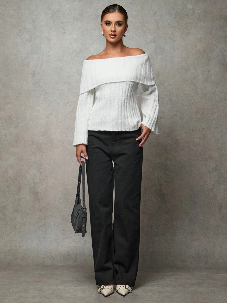 SHEIN BAE Women White Autumn Elegant Date Off Shoulder Flared Sleeve Loose Knitted Sweater,Solid Color Hollowed Oversized Soft Skin-Friendly Thickened Warm Tops - White - View 1
