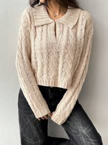 SHEIN Unity Suéter de punto casual de mujer con hombros caídos y calado, de unicolor, para otoño e invierno - Caqui - Ver 6