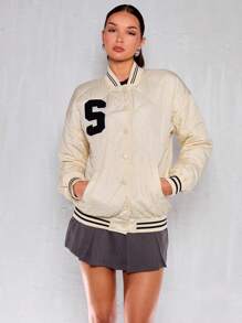 SHEIN Unity 女士字母贴花翻领纽扣休闲冬季服装加厚棉服外套 - 杏色 - 查看 5