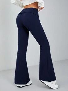SHEIN PETITE Women Solid Flare Skinny Pants Fold Over Leggings Stretch Bootcut Flared Yoga Pants Y2k Joggers