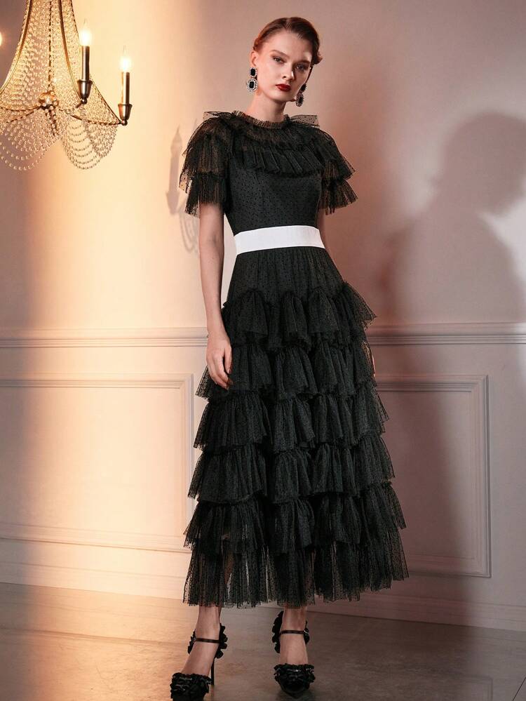MOTF Soiréza MESH OVERLAY CONTRAST WAIST LAYERED RUFFLE HEM DRESS