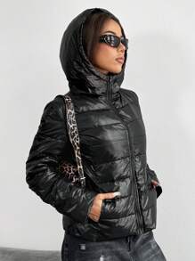 SHEIN EZwear 女士纯色长袖休闲连帽羽毛羽绒夹克，冬季 - 黑色 - 查看 5