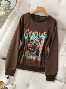 SHEIN LUNE Plus Size Fall Casual Figure Printed Fleece Sweatshirt, Autumn  Winter Clothes - Coffee Brown - View 1