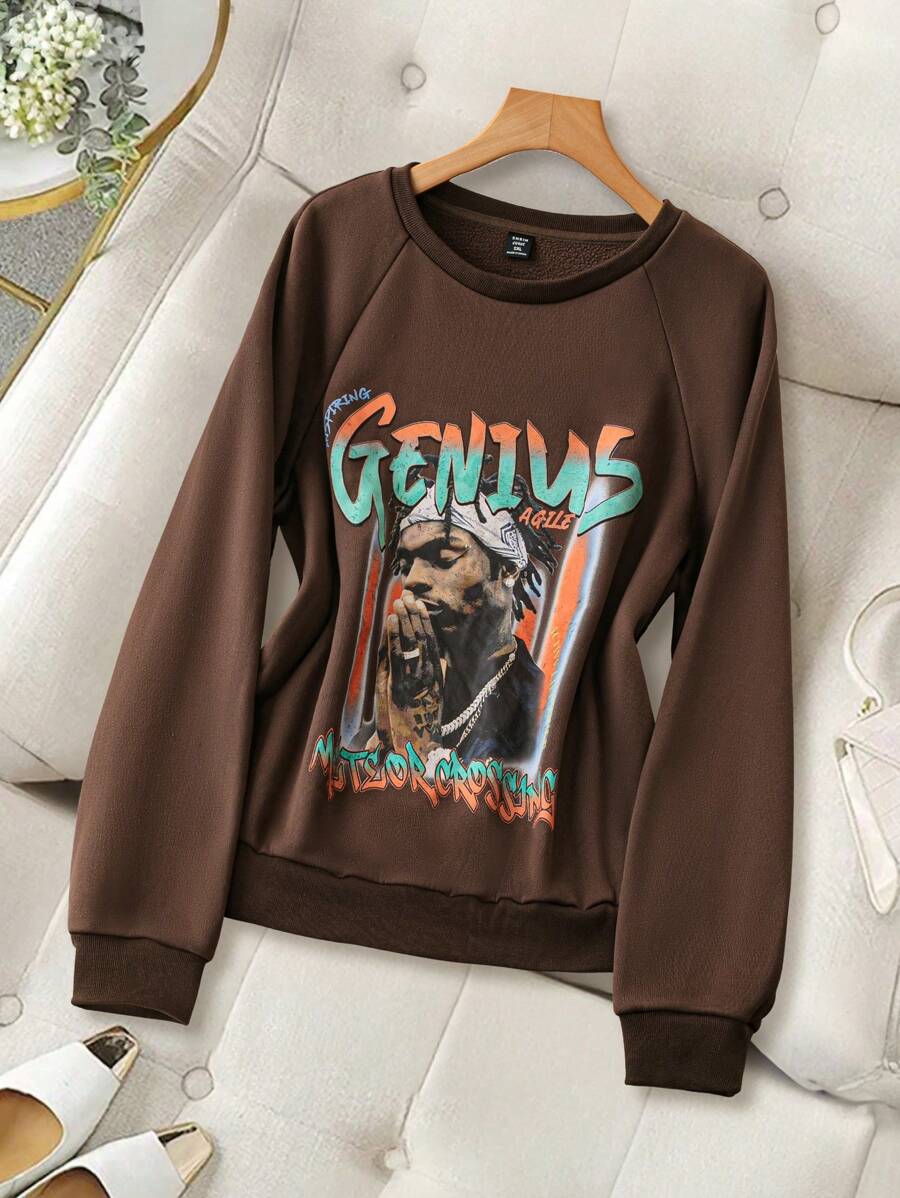 SHEIN LUNE Plus Size Fall Casual Figure Printed Fleece Sweatshirt, Autumn  Winter Clothes - Coffee Brown - View 1