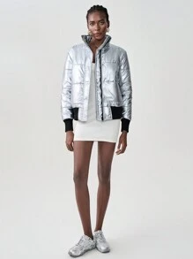 Chiquease 女士休闲金属拉链前立领加厚棉服外套，冬季服装 - 銀色 - 查看 1