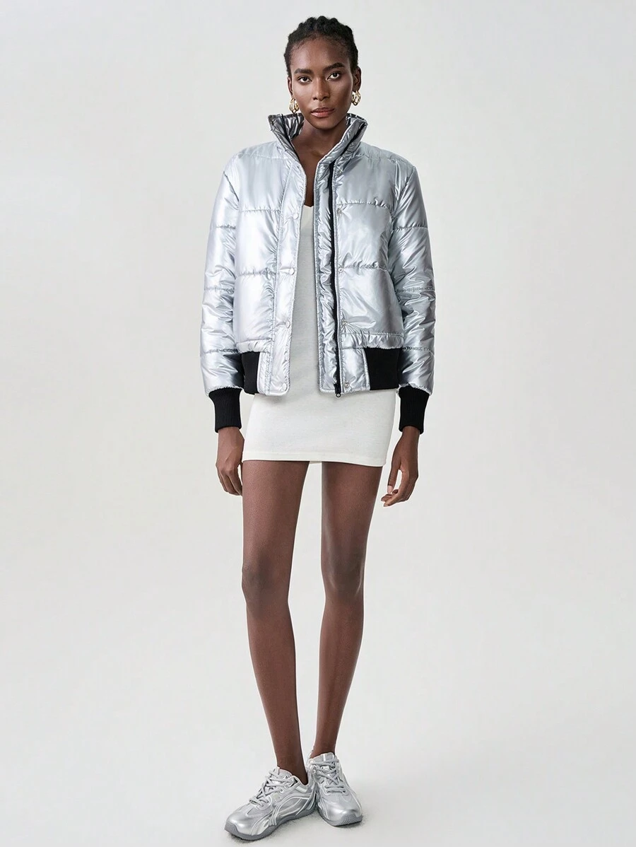 Chiquease 女士休闲金属拉链前立领加厚棉服外套，冬季服装 - 銀色 - 查看 1