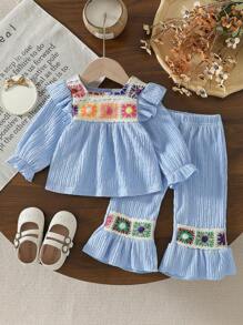SHEIN 2 piezas Conjunto de top de manga larga y pantalones acampanados de moda para niñas bebé - Celeste - Ver 1