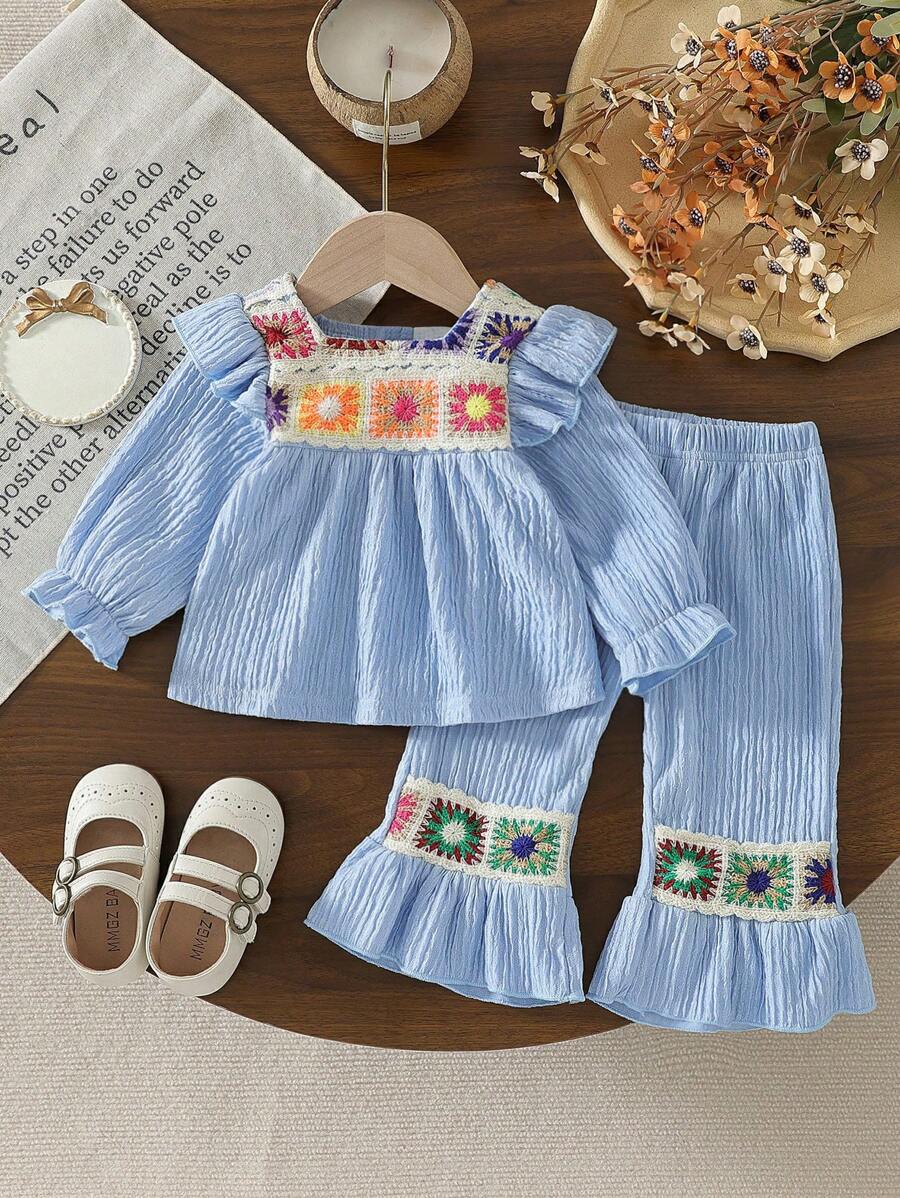 SHEIN 2 piezas Conjunto de top de manga larga y pantalones acampanados de moda para niñas bebé - Celeste - Ver 1