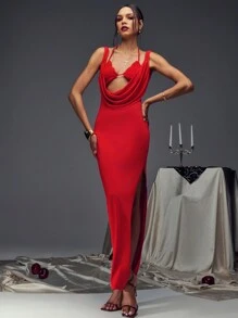 SHEIN Unity Christmas Party Dress Women Deep Cowl Neck Lace Bust Low Back Split Side Dress - Red - View 7