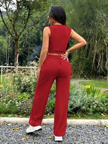 SHEIN PETITE 2件組女款純色V領無袖前開鈕扣上衣與長褲套裝，適合嬌小女性 - 紅色 - 查看 2