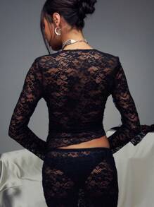 SHEIN Unity 长袖系带蕾丝短款上衣，性感黑色 - 黑色 - 查看 2