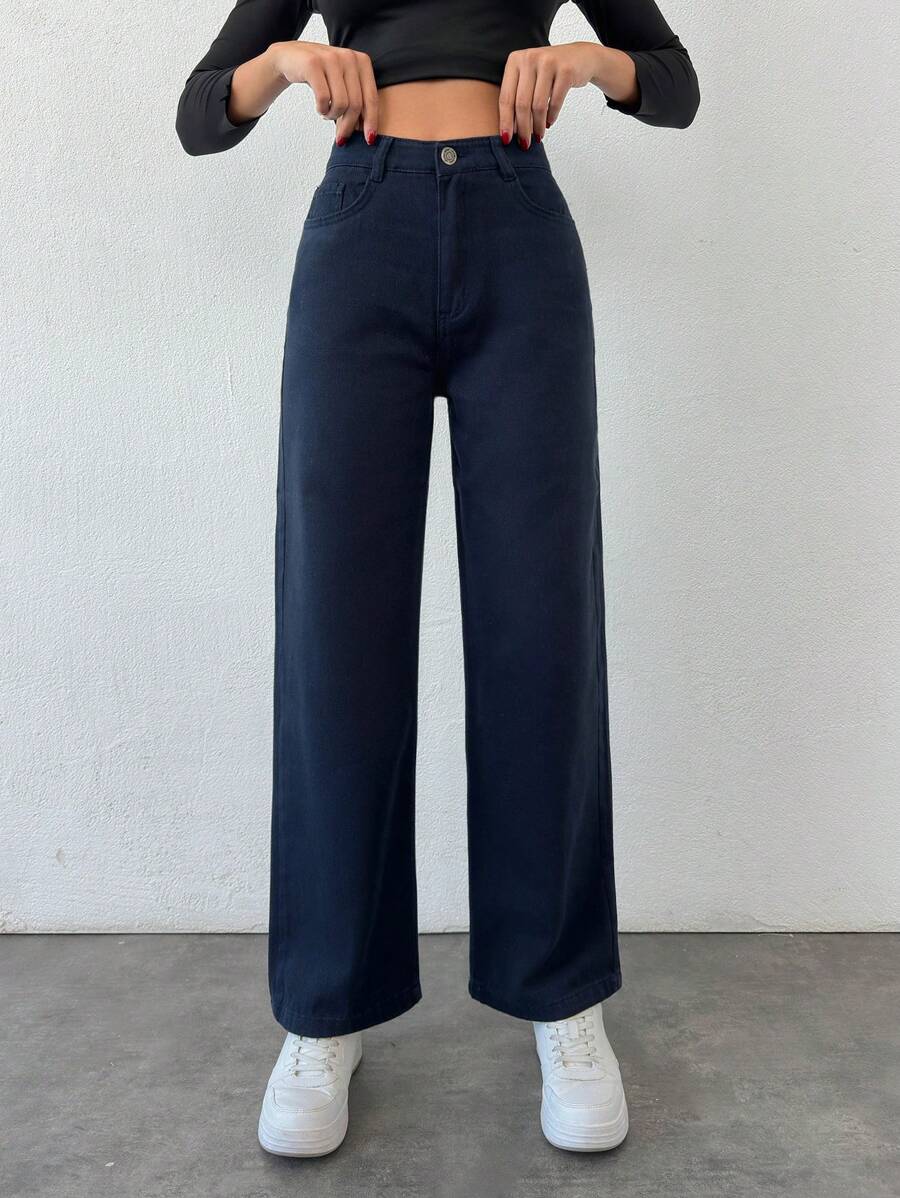 EURMUSE 100% Cotton Women's Mid-Rise Straight Leg Casual Jeans - Navy Blue - View 1