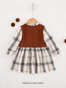 Cozy Pixies Colorful Plaid Contrast Hem Round Neck Long Sleeve Dress For Baby Girl - Brown - View 2