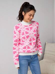 Teen Girl Pink Four-Leaf Clover Plush Warm & Soft Yarn Colorblock Stand Collar Sweater, Suitable For Outings, Gatherings, Parties, Warm For Autumn/Winter - Pink - View 3