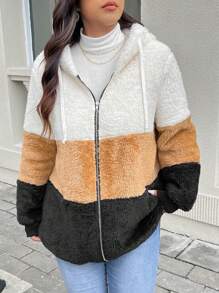 SHEIN Frenchy Plus Size Color Block Zipper Front Long Sleeve Teddy Fleece Jacket,Winter ,Thicken
