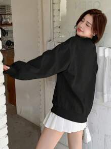DAZY Women Casual Lace Bow Embroidery Drop Shoulder Loose Sweatshirt Spring Autumn,Long Sleeve Tops,Back To School Clothes,Fall Women Clothes - Black - View 2