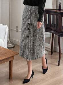 DAZY Women Front Button Decorated Slit A-Line Skirt, Casual Everyday Wear Fall,Winter - Grey - View 5