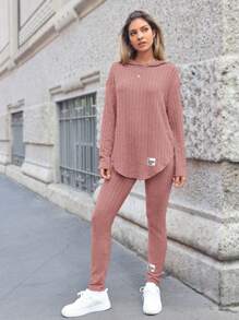 SHEIN Essnce 2pcs Women's Solid Color Long Sleeve Hoodie Sweatshirt And Pants Casual Outfit - Pink - View 4