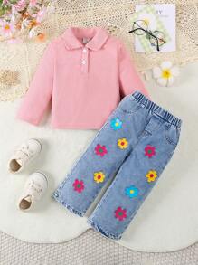 Baby Girl Knit Collar Top And Floral Print Pants 2pcs Set - Pink - View 1
