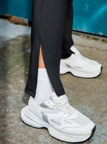 Streetz SHEIN Sport 女士夏季休闲拼布撞色罗纹上衣和开衩喇叭裤运动服套装 - 黑色 - 查看 8