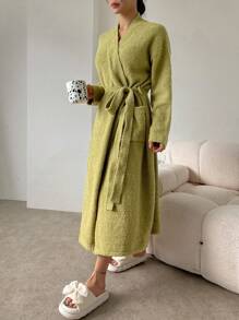 DAZY Simple Casual Drop Shoulder Plush Robe For Daily Wear Pajama - Green - View 1