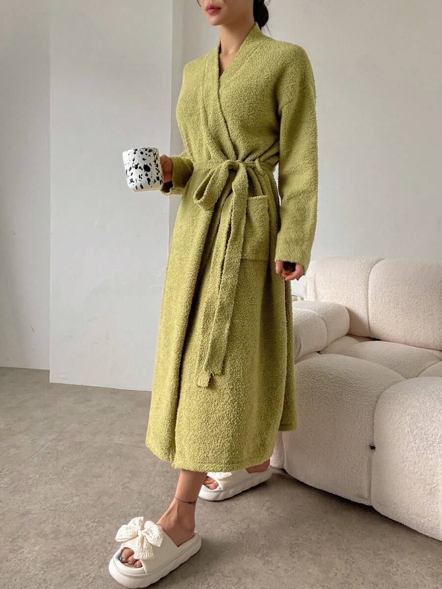 DAZY Simple Casual Drop Shoulder Plush Robe For Daily Wear Pajama - Green - View 1