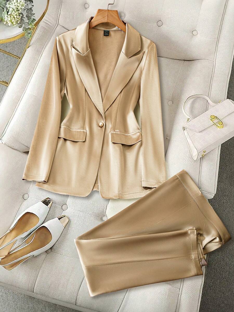SHEIN Clasi Shiny Fabric Women's Autumn Long Sleeve Notched Collar Suit Jacket And Pants Set - Champagne - View 1