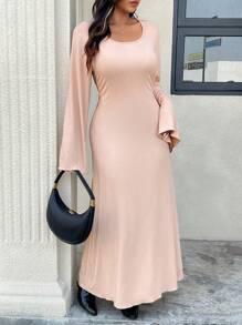 SHEIN Frenchy Plus Size Women's Square Neck Flare Sleeves Waist Cinched Long Dress - Apricot - View 3