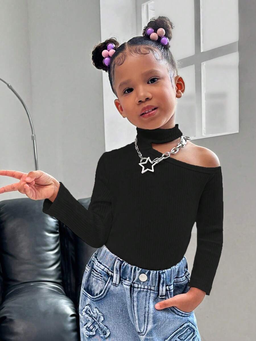 SHEIN Young Girl Casual Elegant Urban Graceful Versatile Fitted Open Shoulder High-Neck Long Sleeve Knitted Comfortable Base Tee Shirt, Suitable For Autumn And Winter, School, Commute, And Daily Wear